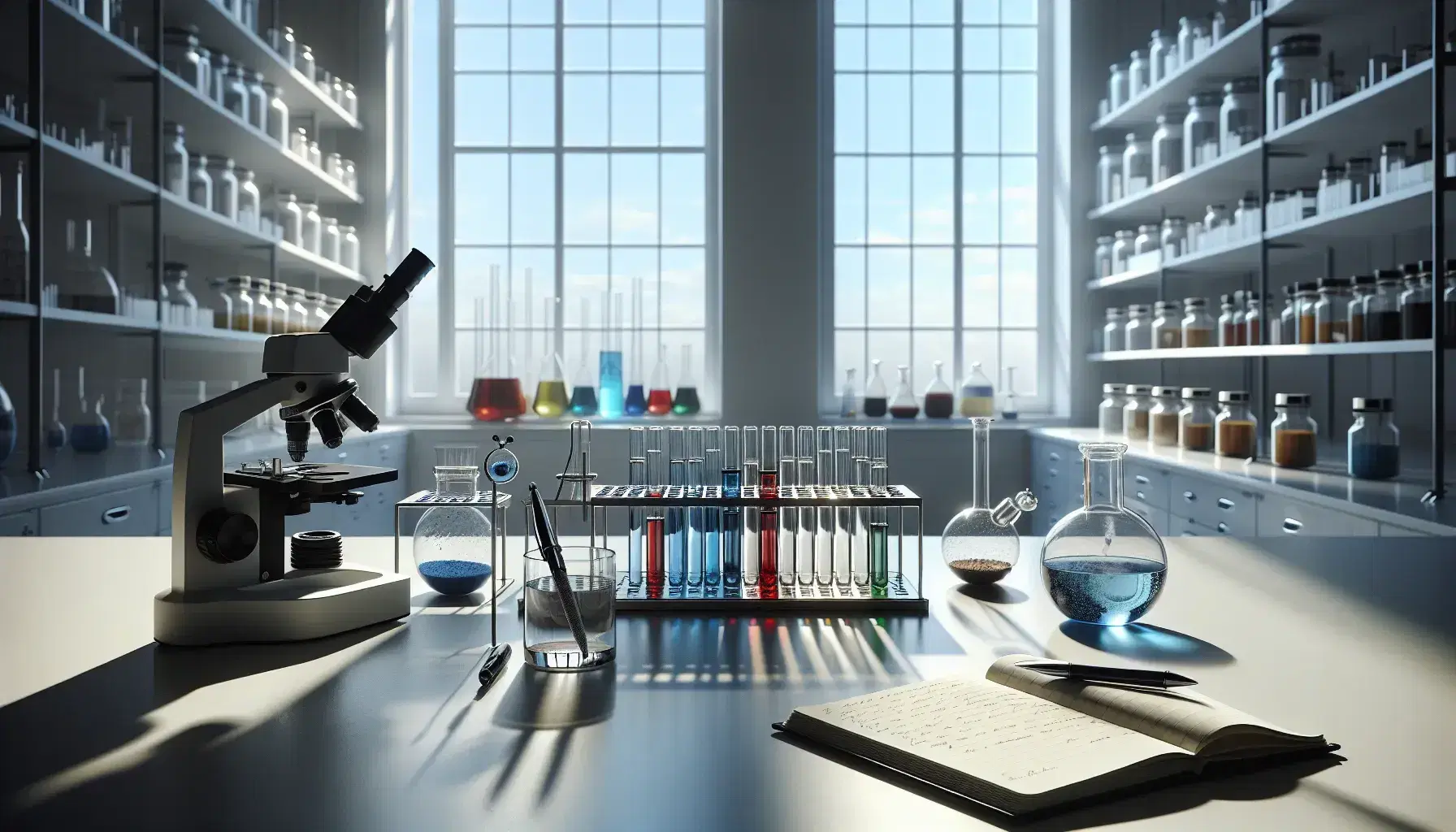 Laboratorio científico con tubos de ensayo de colores en soporte metálico, microscopio plateado y estantes con frascos de sustancias, junto a investigador anotando resultados.