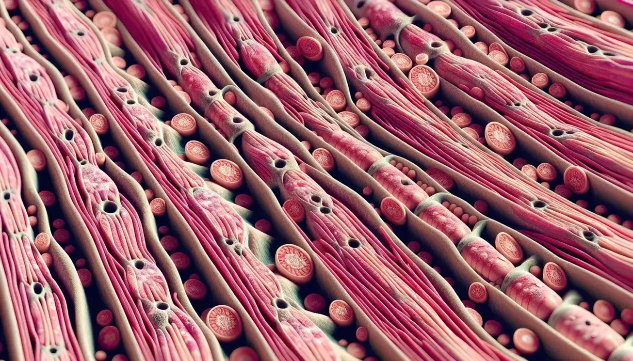Fibras musculares esqueléticas en contracción con miofibrillas en tonos rojos y rosas y mitocondrias claras, destacando la estructura celular y la producción de energía.
