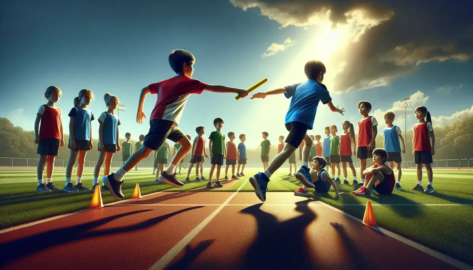 Bambini in divisa sportiva si passano il testimone in una gara di staffetta su campo atletico esterno con cielo azzurro.