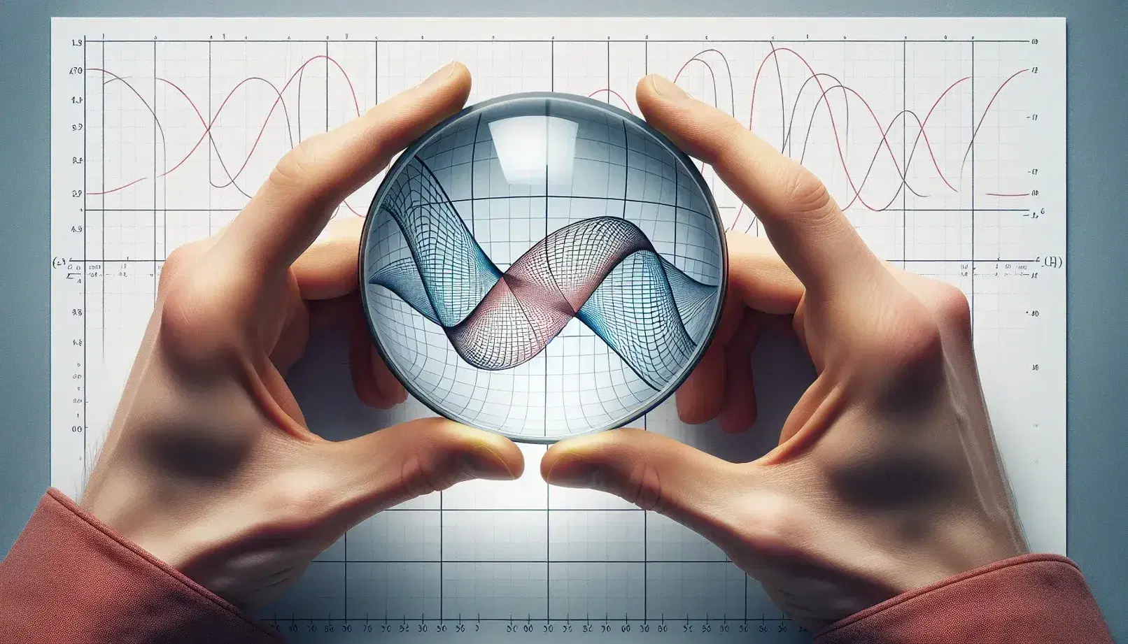Hands holding a magnifying spherical glass lens over a mathematical graph with intersecting blue and red curves on squared paper.