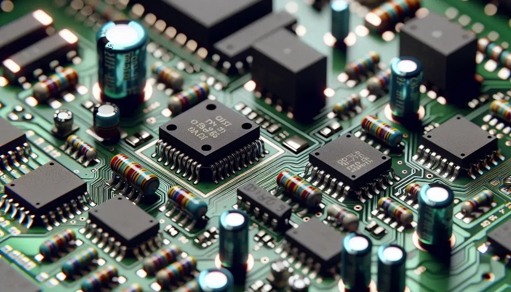 Close-up view of an operational amplifier chip on a green PCB with surrounding resistors, capacitors, and copper traces, highlighting electronic complexity.
