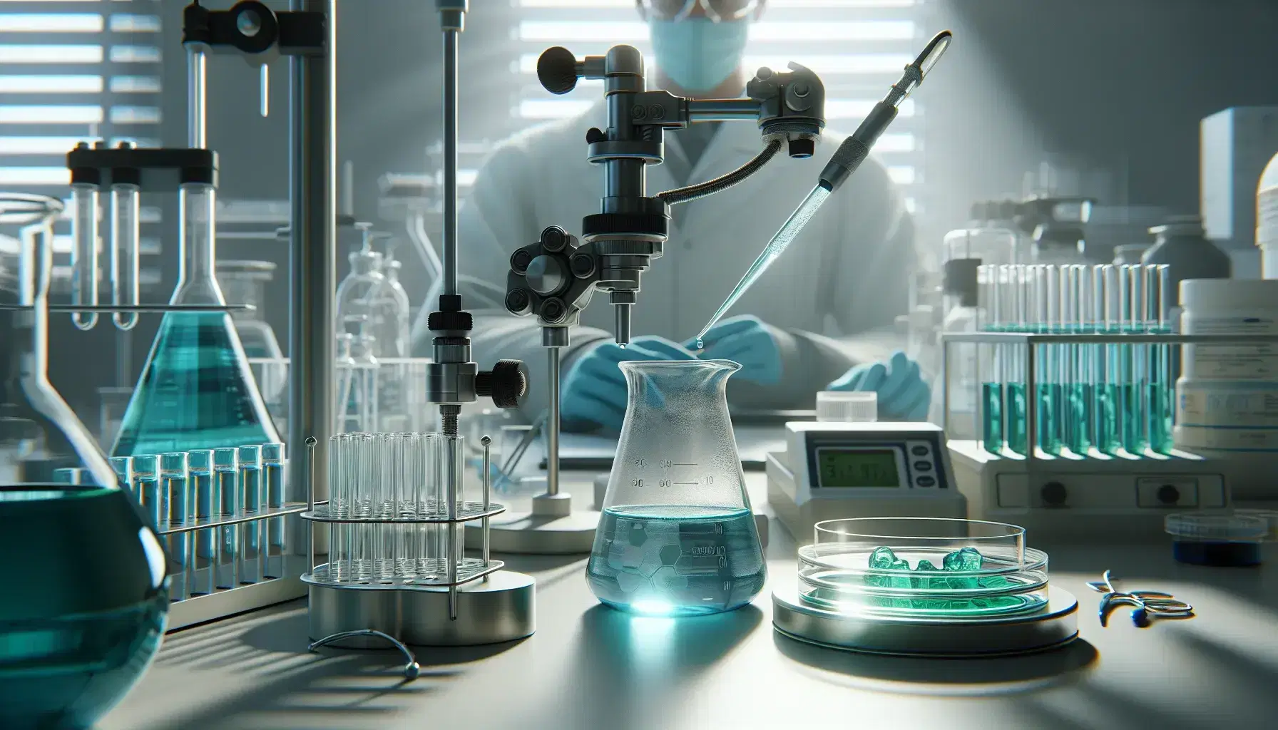 Laboratory with glass beaker and blue liquid, pipette with green liquid above a petri dish, scientist with lab coat and glasses in background.