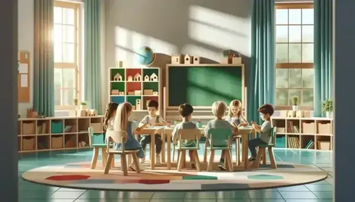 Aula escolar colorida con niños concentrados en actividad alrededor de mesa redonda, estantes con libros y planta verde, sin textos visibles.