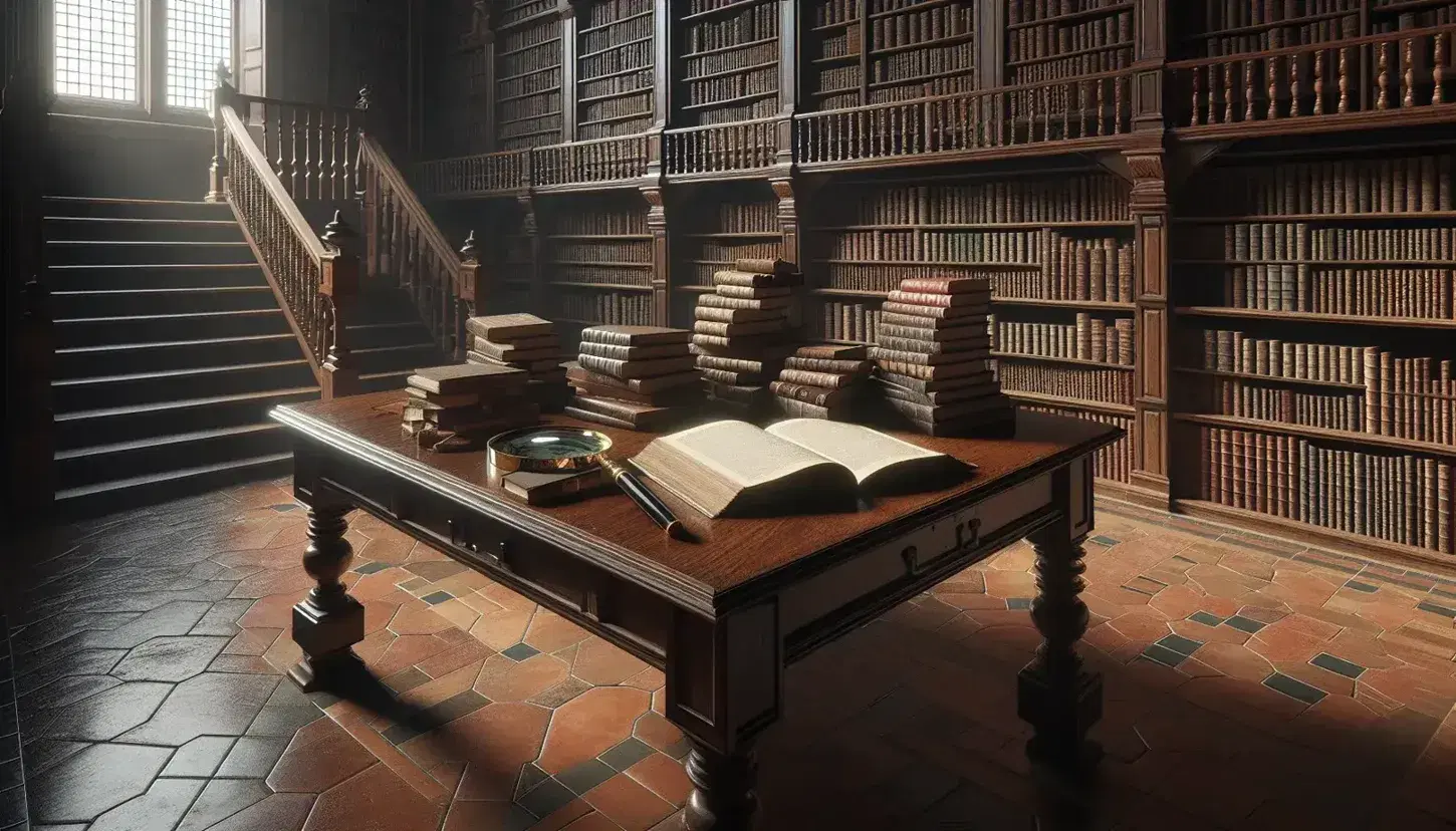 Biblioteca antigua con estantes de madera oscura llenos de libros, mesa central con libros abiertos y lupa, luz natural entrando por ventana alta.