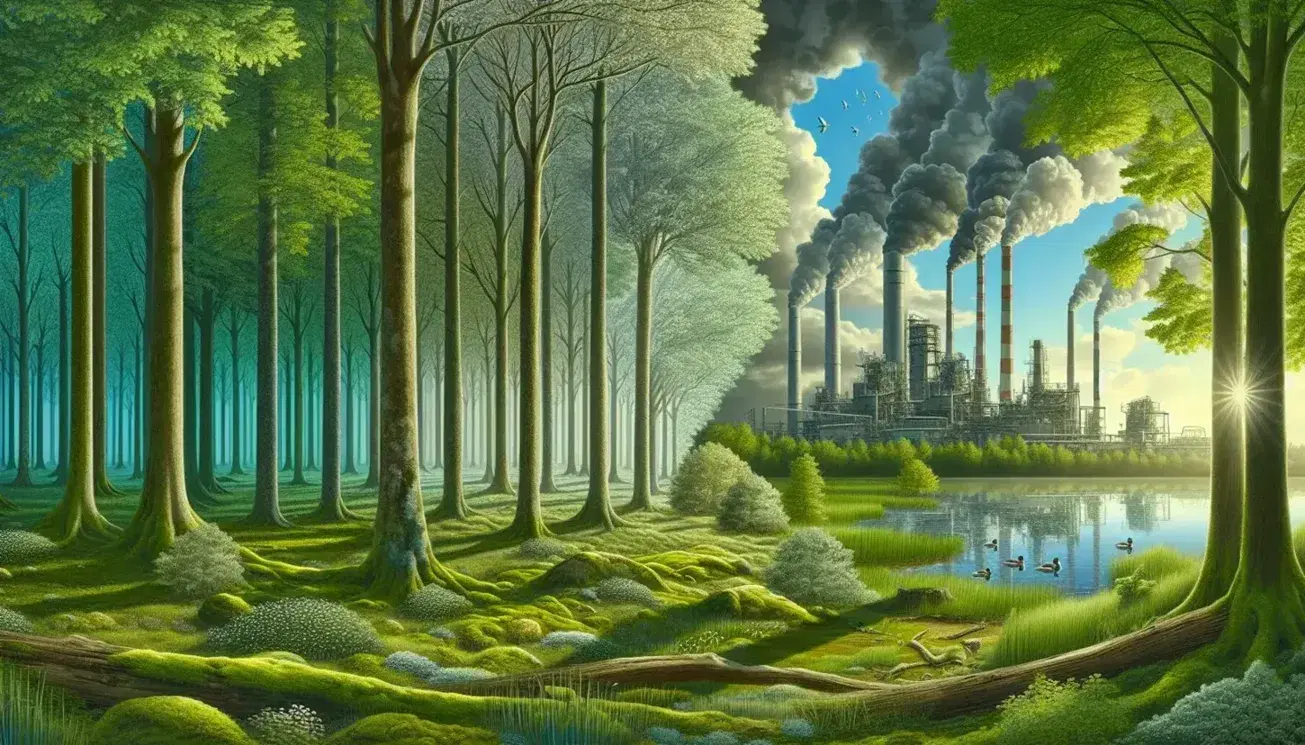 Foresta rigogliosa con raggi solari, fabbrica con fumo in lontananza, lago con anatre e cielo sfumato da inquinamento.