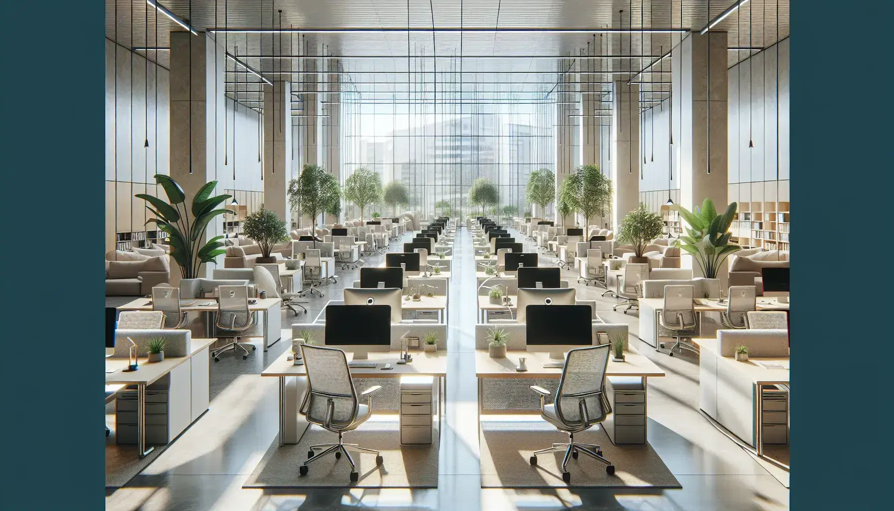 Oficina moderna y espaciosa con estaciones de trabajo ordenadas, sillas ergonómicas, área común con sofás, mesa central y plantas interiores bajo luz natural.