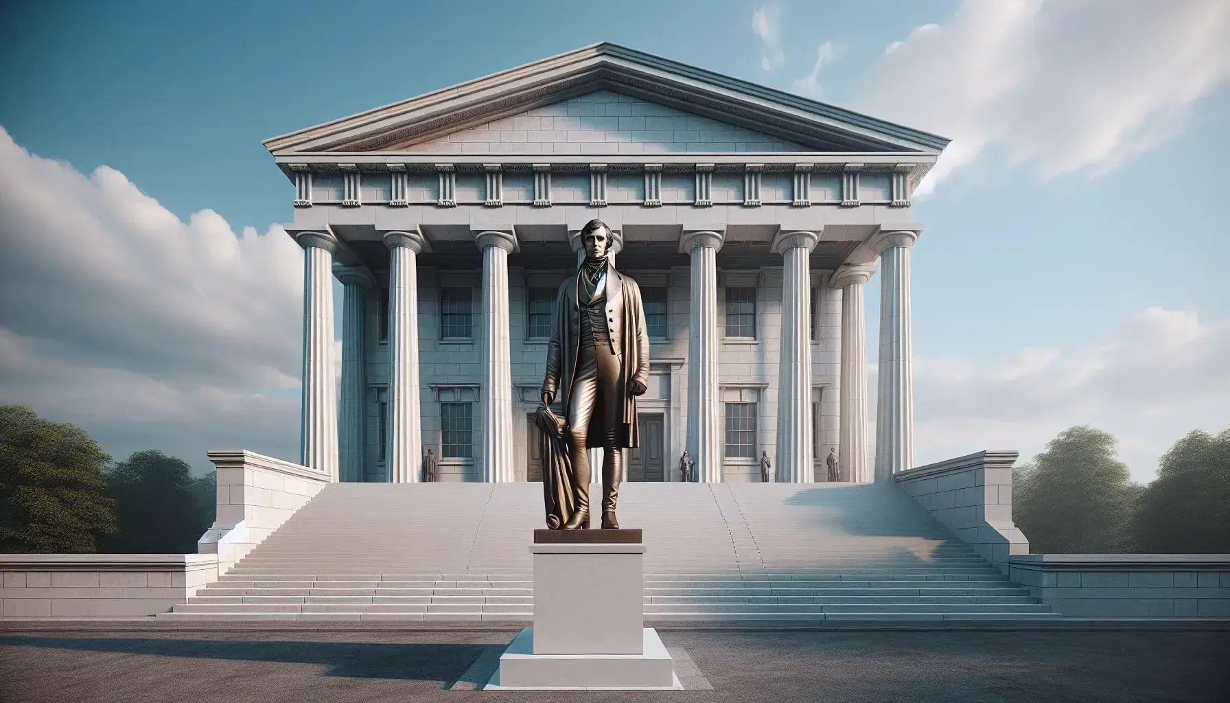 Neoclassical building with white columns and steps, bronze statue of a man in 1800s attire holding a document, under a clear blue sky.