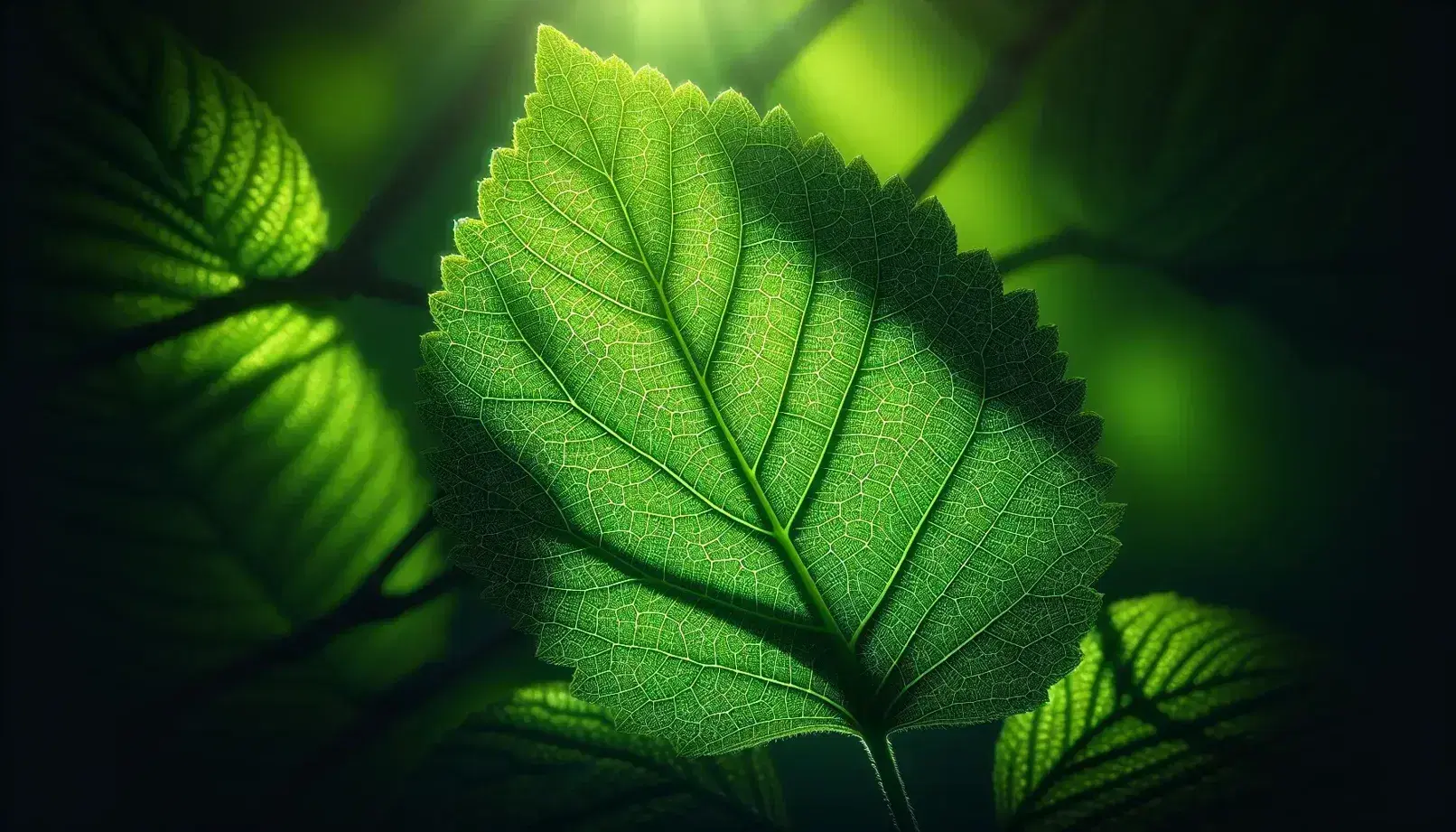 Close-up of a sunlit, translucent green leaf with a detailed vein network, set against a blurred natural green backdrop.