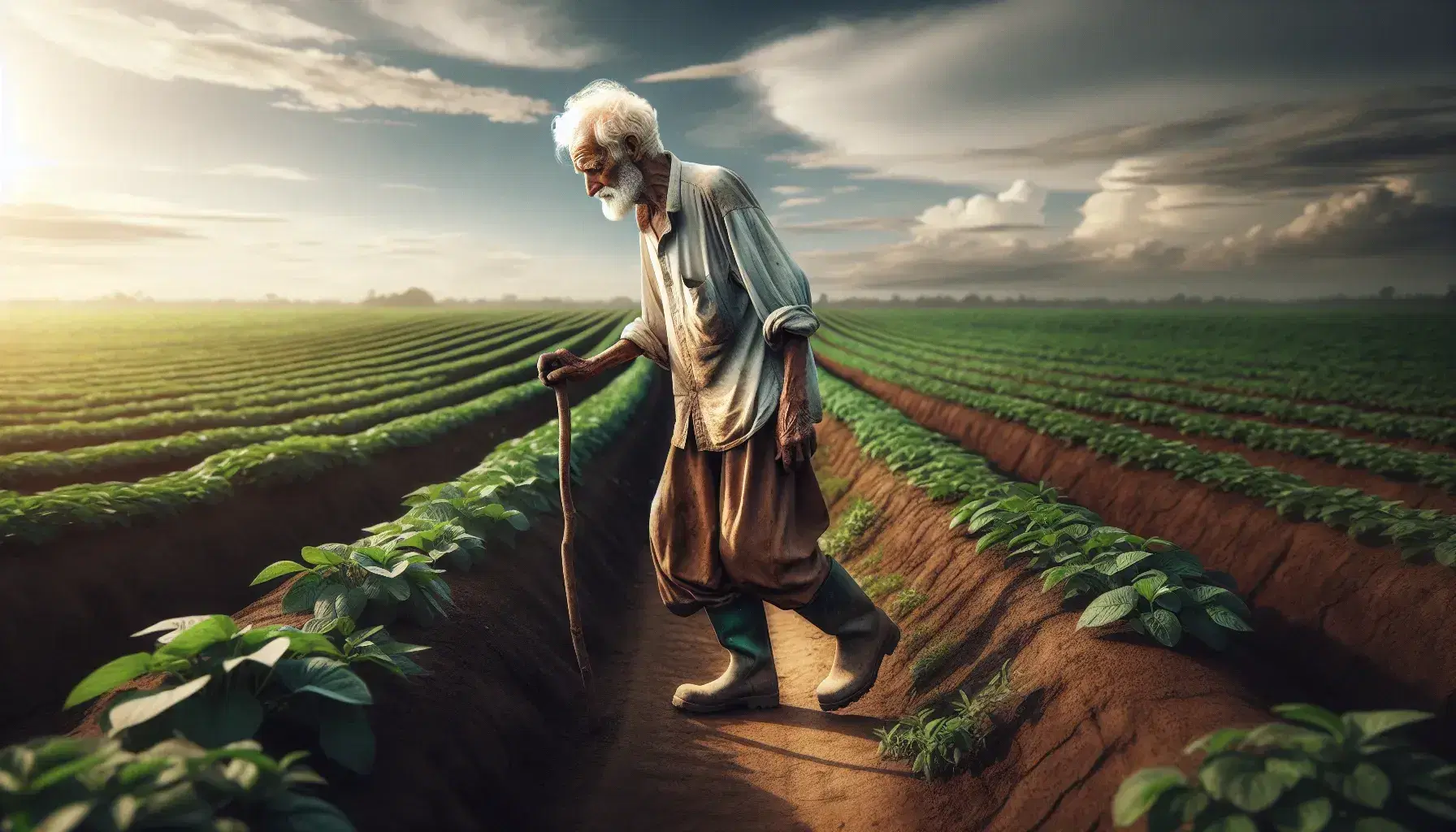 Anziano contadino con bastone cammina su sentiero tra campi verdi, cielo azzurro sopra, in un paesaggio agricolo tradizionale.