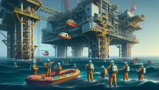 Workers in suits and helmets on offshore oil platform perform safety drill, with rescue helicopter and orange lifeboat.