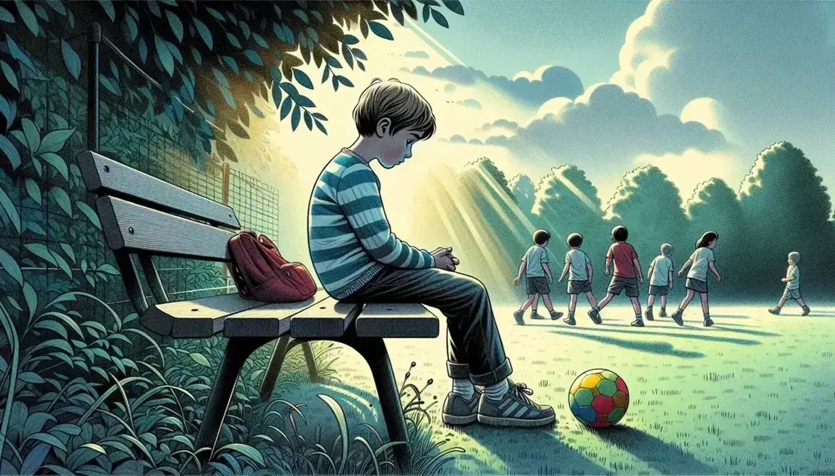 Ragazzo seduto su panchina in parco con zaino rosso accanto, osserva bambini giocare a pallone su prato verde sotto alberi e cielo azzurro.