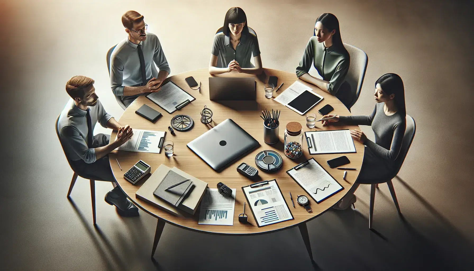 Modern and bright office environment with three professionals around an oval table, laptop, tablet, surveys and stopwatch visible.