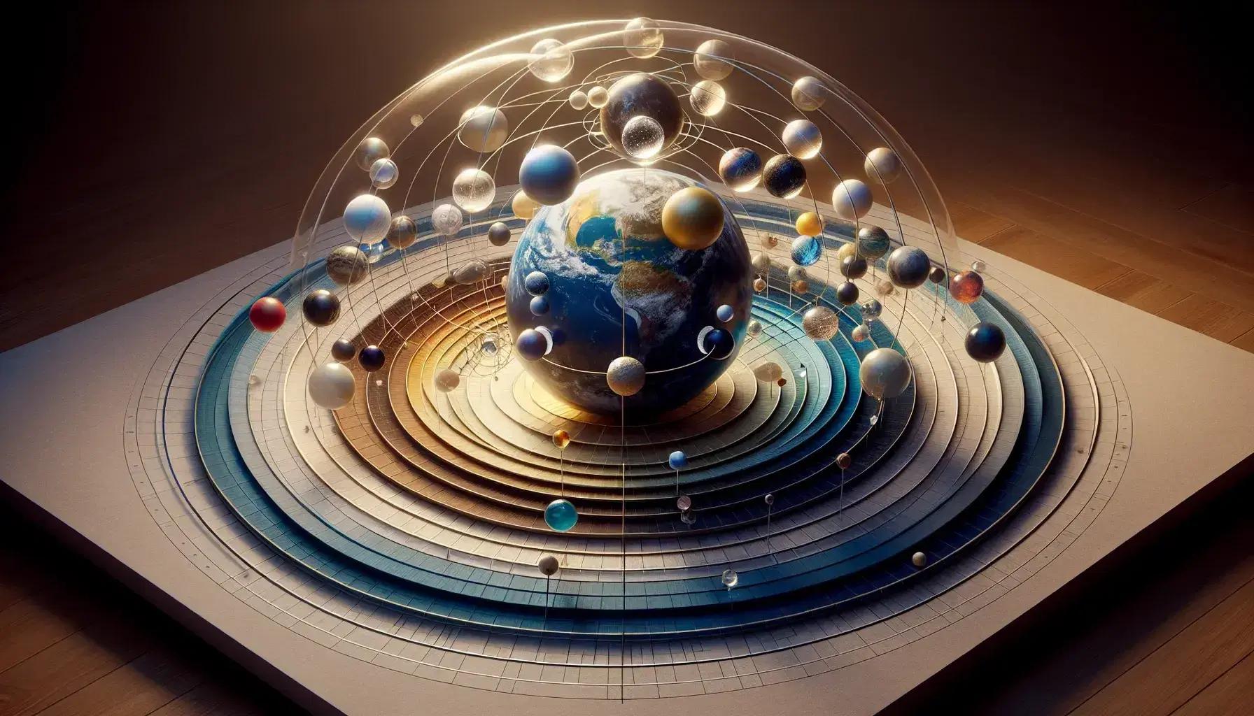 Modello tridimensionale della cosmologia geocentrica con sfere concentriche trasparenti, Terra al centro e sfera dell'Empireo illuminante.