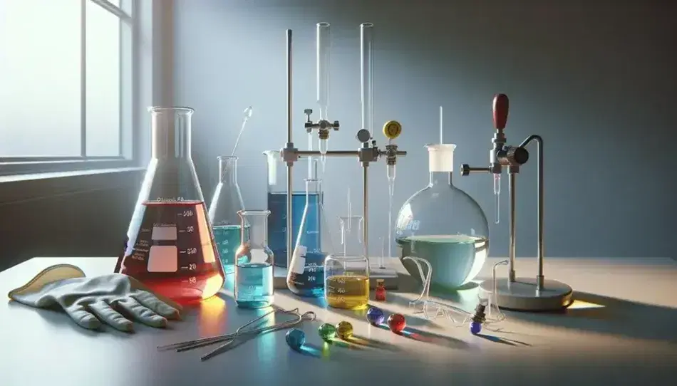 Laboratorio con frascos Erlenmeyer con líquidos rojo, azul y amarillo, bureta con líquido incoloro, beaker con líquido verde y material de seguridad.