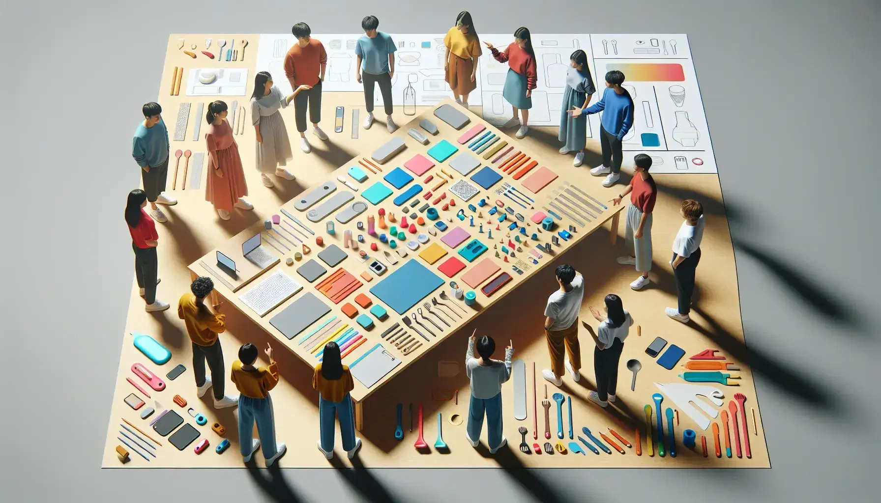 Grupo diverso de personas colaborando en diseño de productos con prototipos y herramientas sobre mesa de trabajo en ambiente creativo.