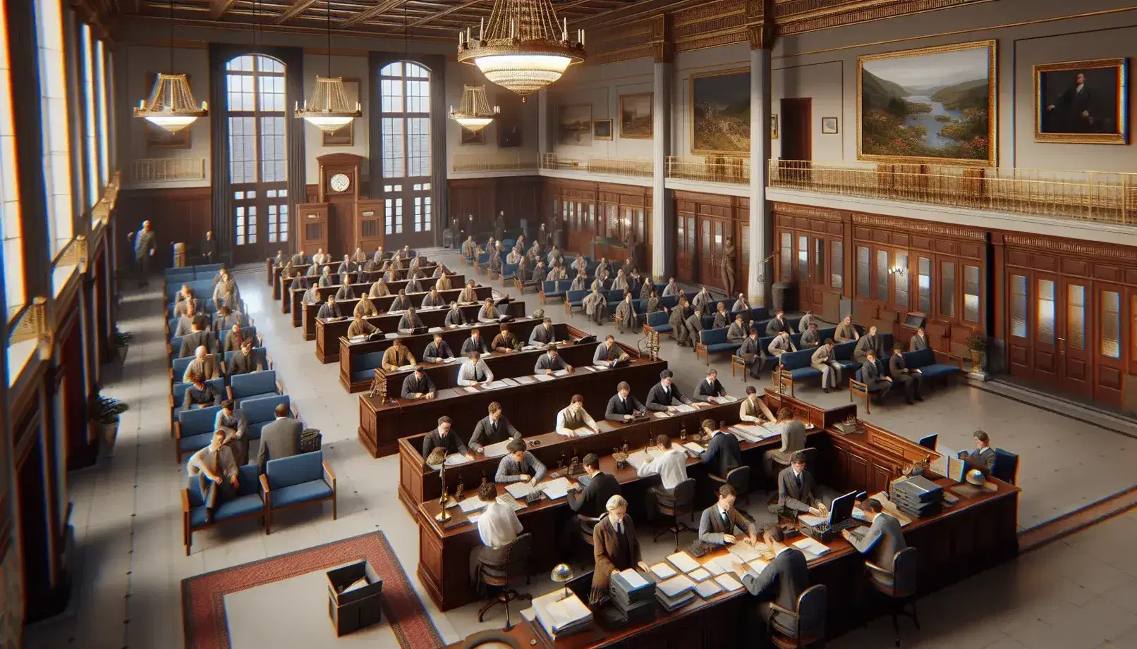 Sala d'attesa elegante con scrivania in legno scuro, personale al lavoro, sedie blu occupate, quadri dorati e scalinata in marmo.