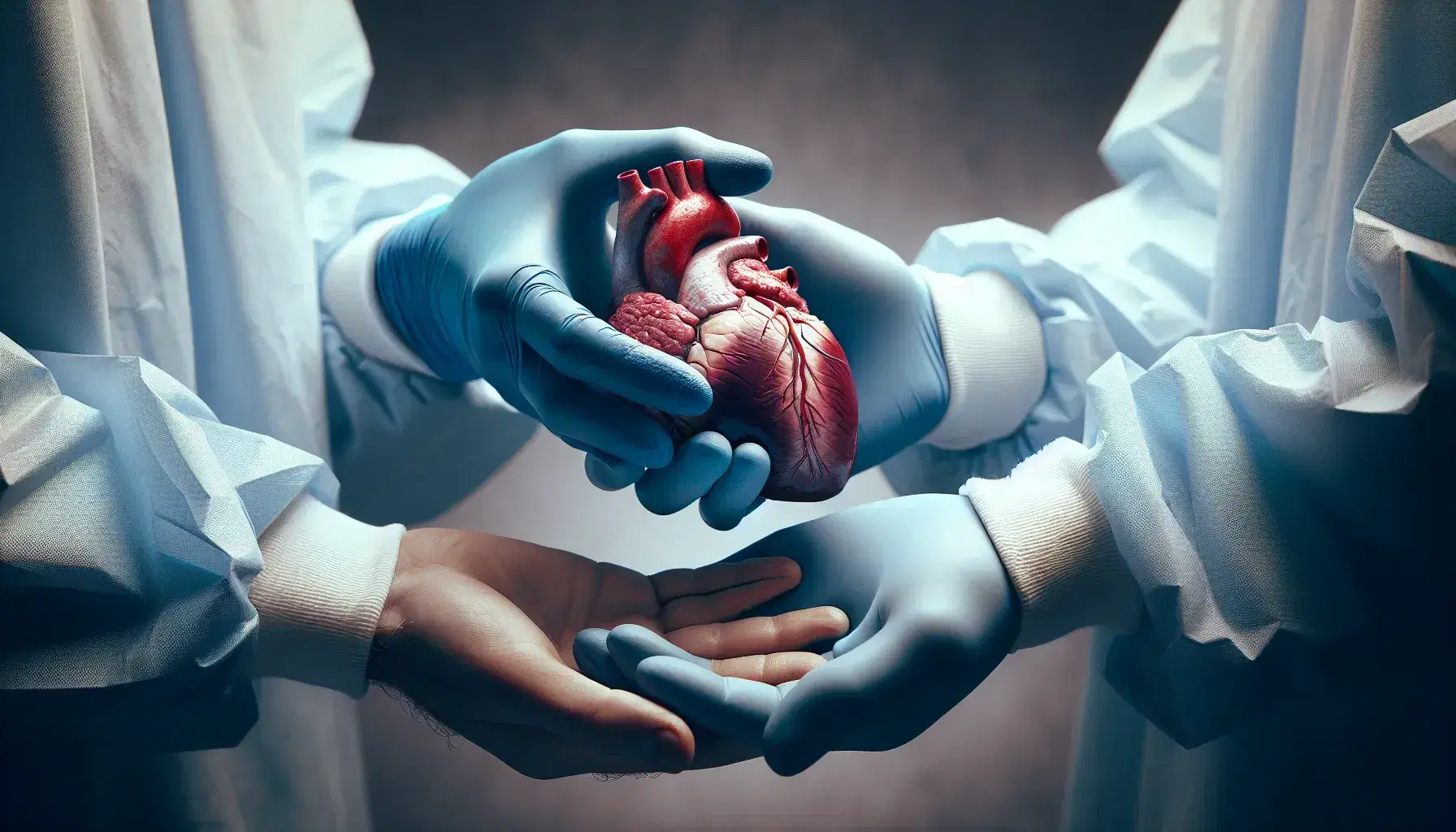 Manos con guantes quirúrgicos azules entregan un corazón humano realista a manos desnudas, destacando detalles de venas y arterias en un fondo suave y desenfocado.