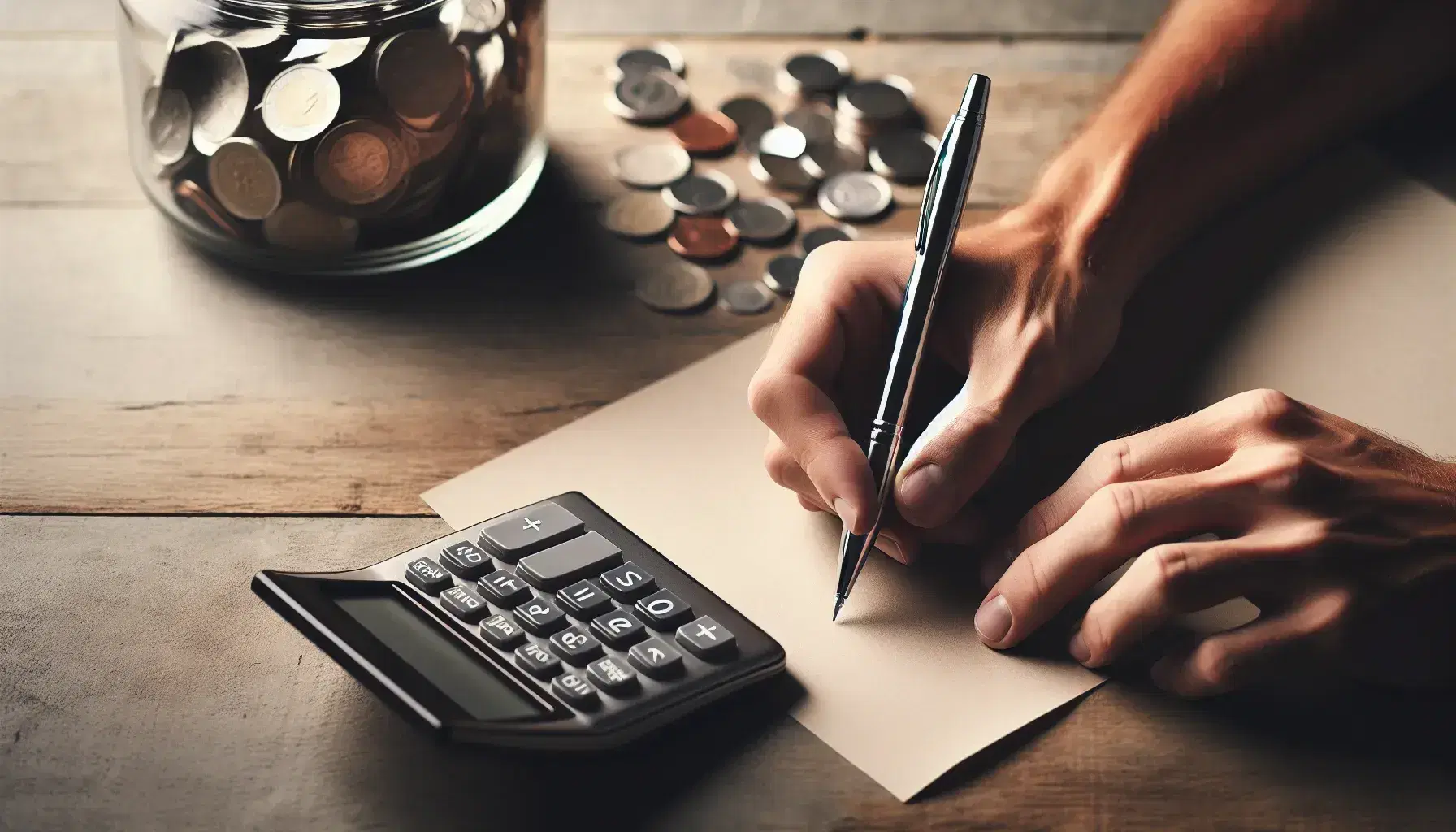 Close-up of hands with pen and calculator on paper, ready for financial calculations, beside a coin-filled jar on a wooden desk.