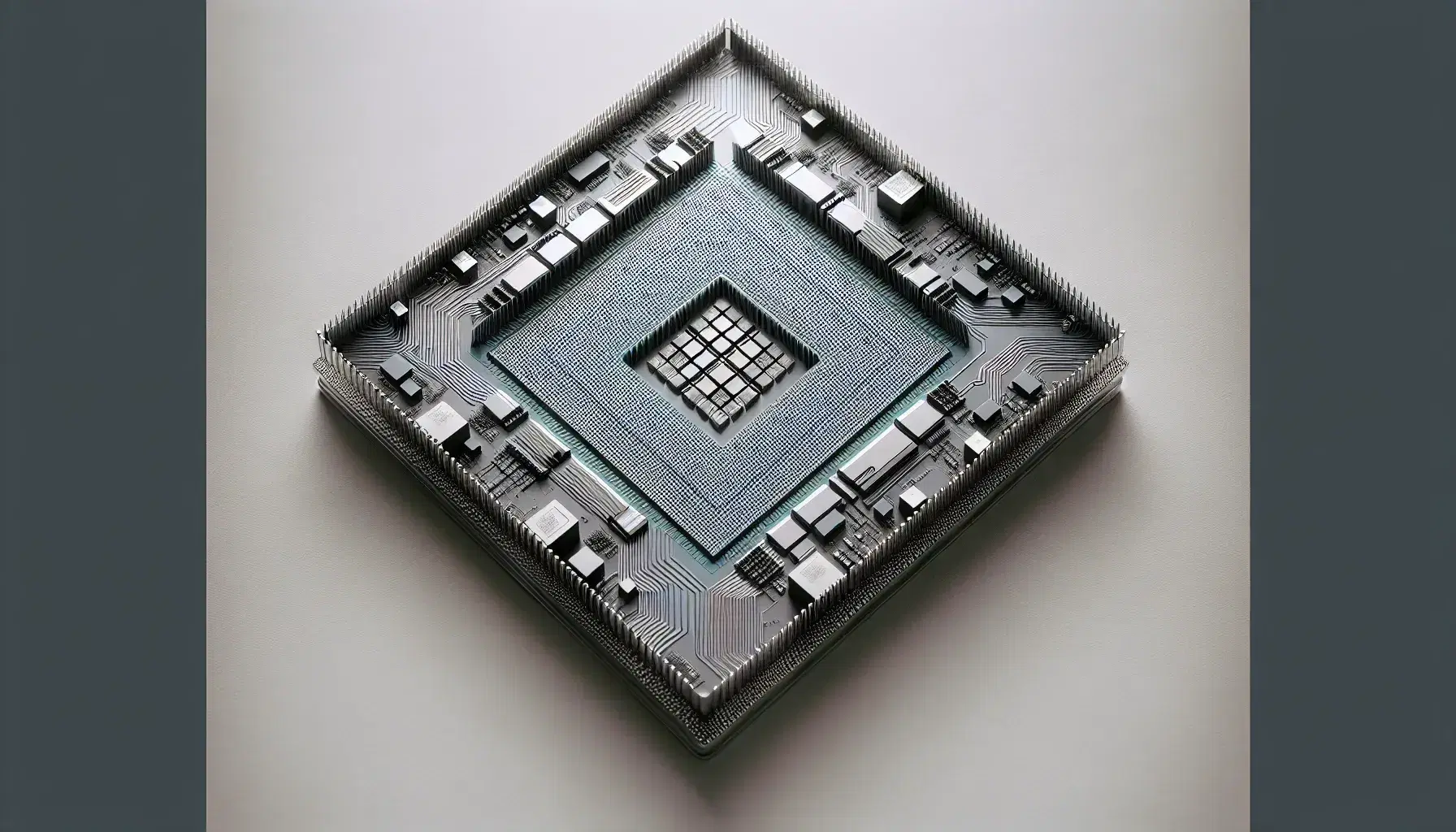 Close-up of a modern multicore processor surrounded by four robotic arms with micro-manipulation tools on a neutral gradient background.