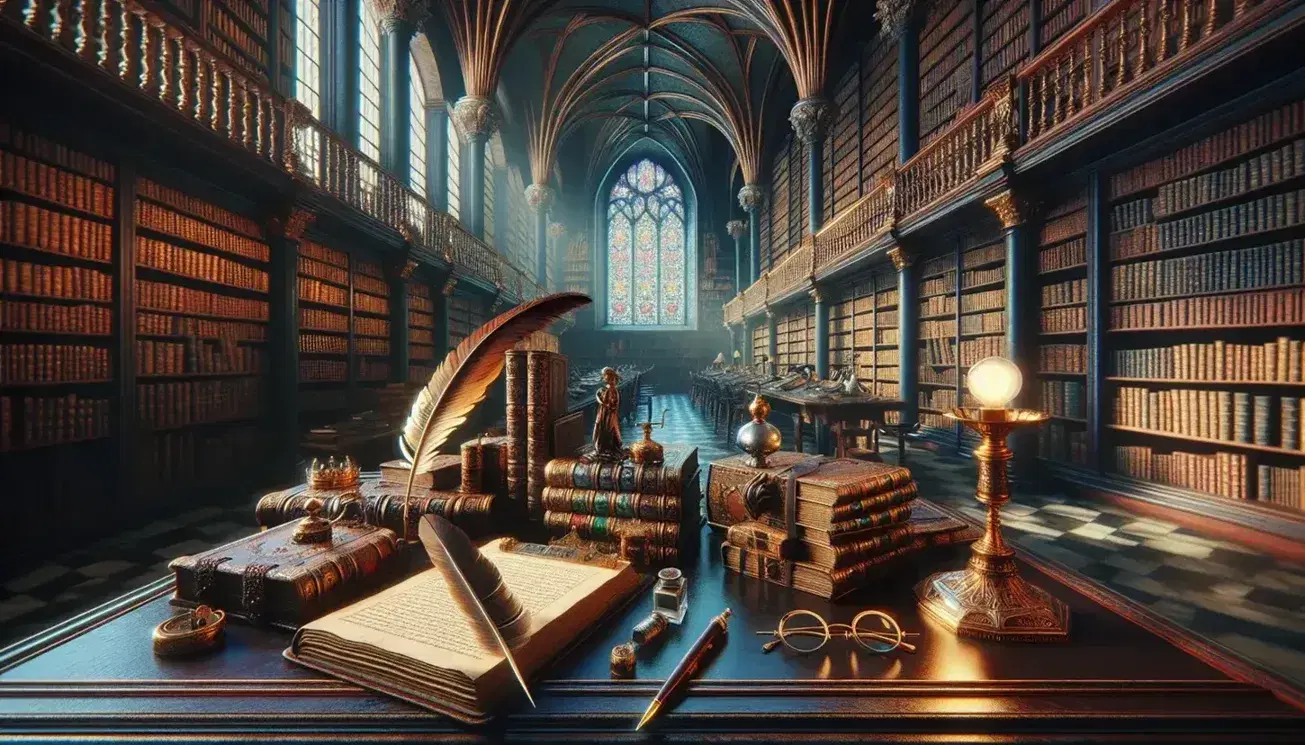 Biblioteca antica con scrivania in legno, calamaio d'argento, libri rilegati, lampada in ottone e globo terrestre, in un'atmosfera tranquilla.