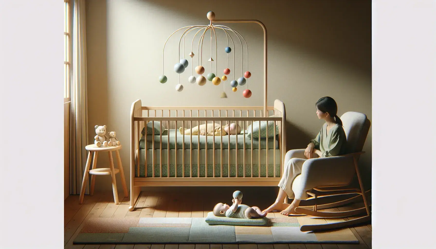 Peaceful scene in a nursery with a wooden cradle and a baby in a yellow onesie, a colorful piece of furniture above, and an assistant cradling another baby.