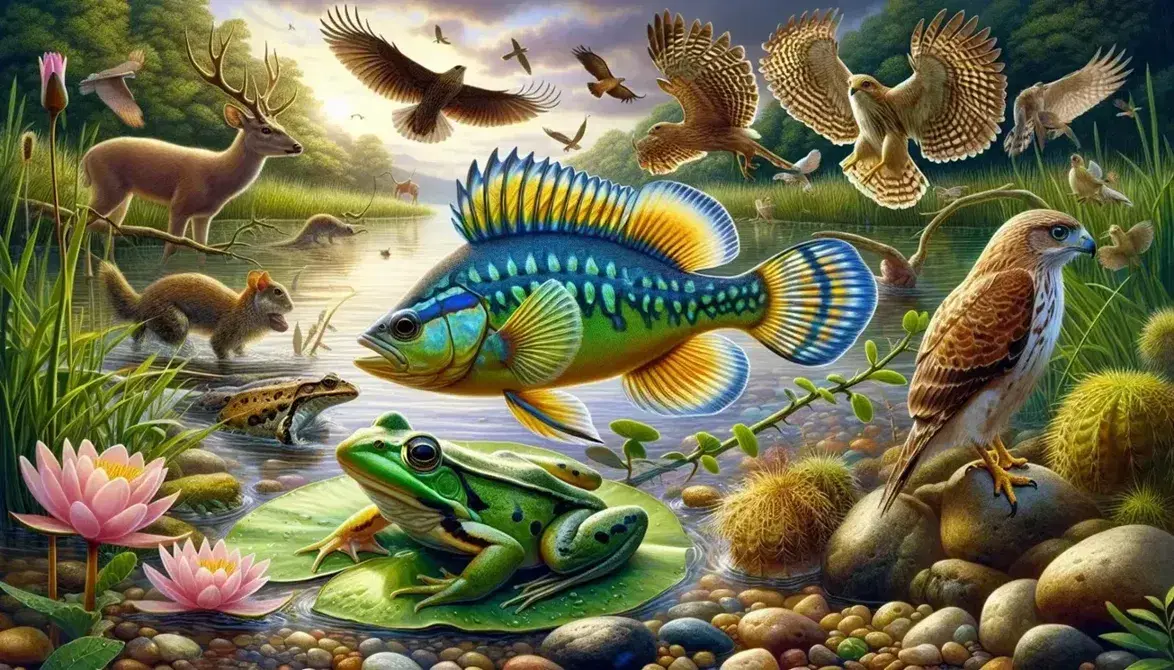 Pez translúcido en aguas cristalinas, rana en hoja de nenúfar, ave en vuelo y mamífero en claro de bosque, reflejando biodiversidad vertebrada.