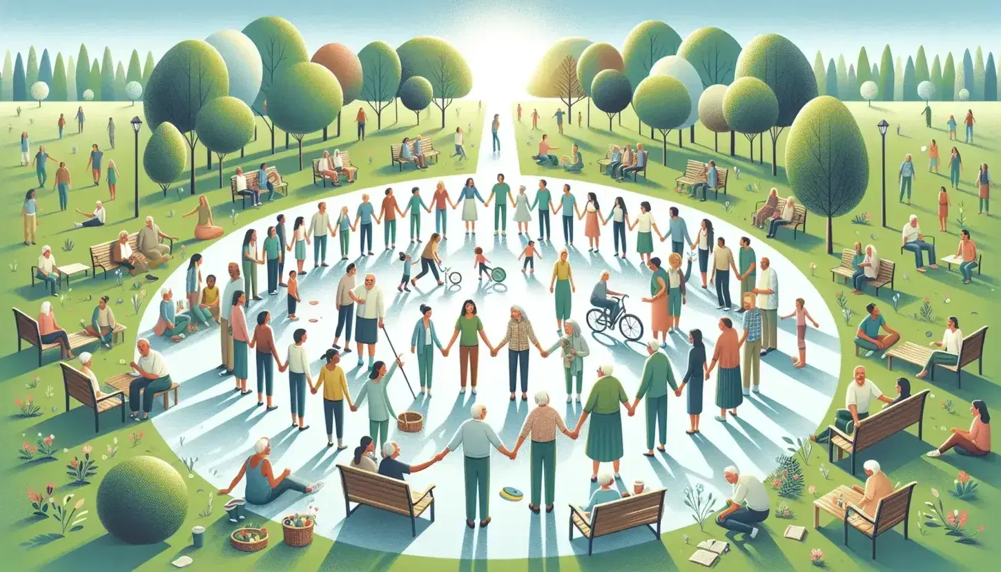 Grupo diverso disfrutando de actividades al aire libre en un parque soleado, con un círculo de personas unidas de la mano y actividades recreativas en un entorno natural.