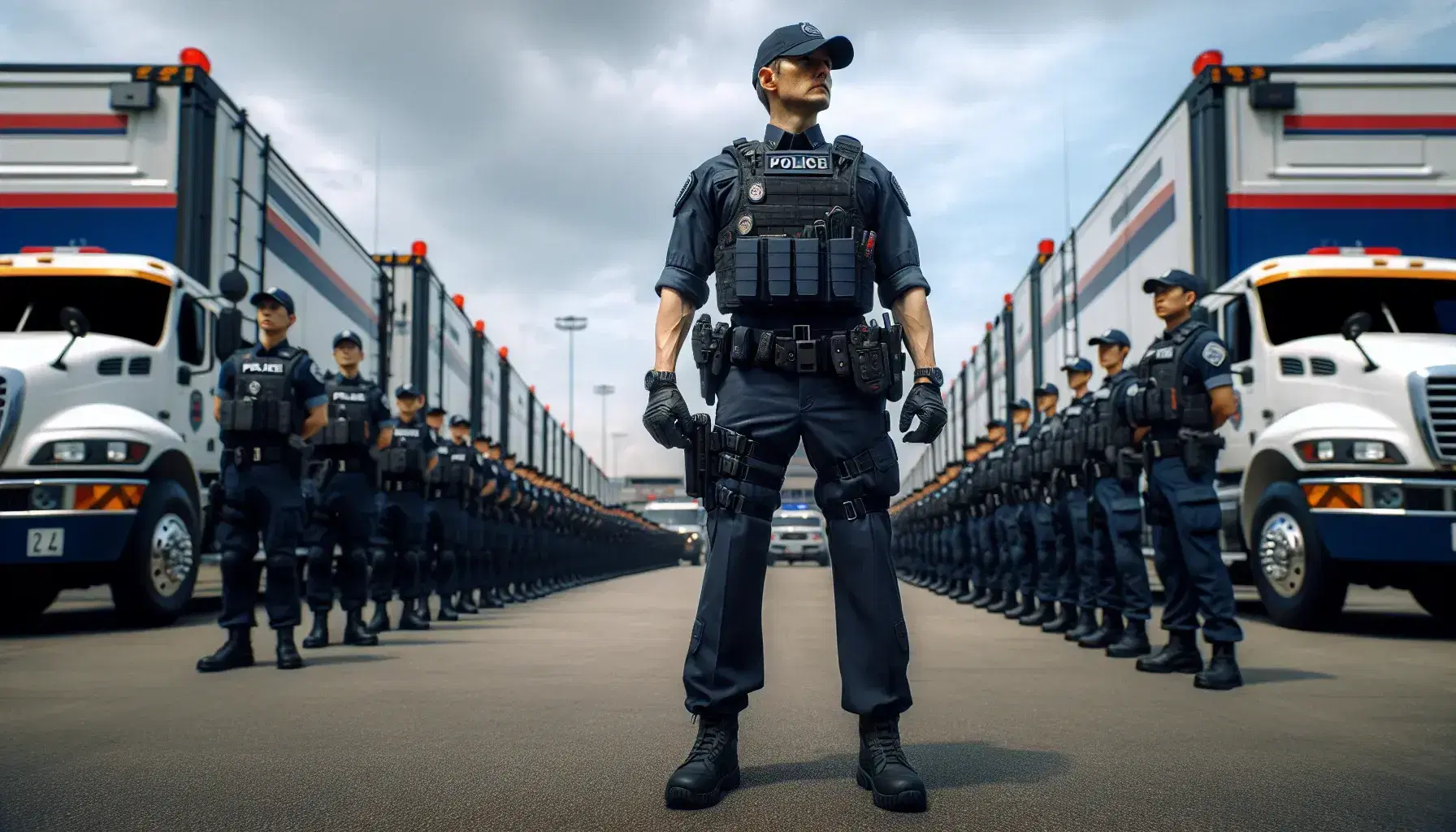 Grupo de policías uniformados en formación con vehículos patrulla al fondo, bajo un cielo parcialmente nublado, transmitiendo orden y autoridad.