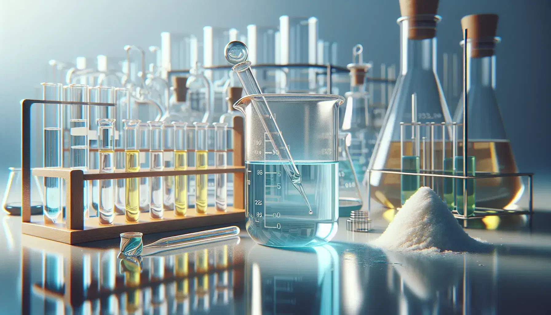 Glass beaker with light blue liquid on laboratory bench, pipette with yellow drop and colored test tubes on wooden stand, white powder and metal spatula.