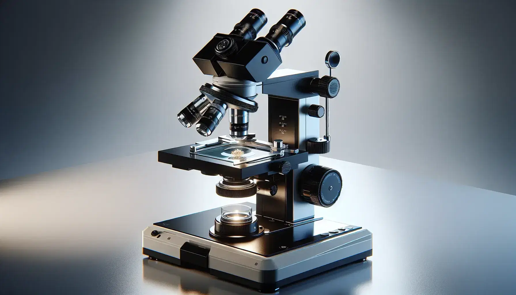 Microscopio compuesto moderno en laboratorio con base negra, brazo metálico, ocular, tres objetivos de colores distintos, platina con portaobjetos y sistema de iluminación LED, junto a pinzas metálicas y guantes de látex.
