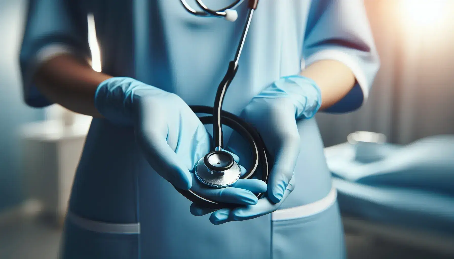 Manos de enfermera con guantes azules sosteniendo un estetoscopio con tubo negro, listas para examinar al paciente en un entorno clínico.