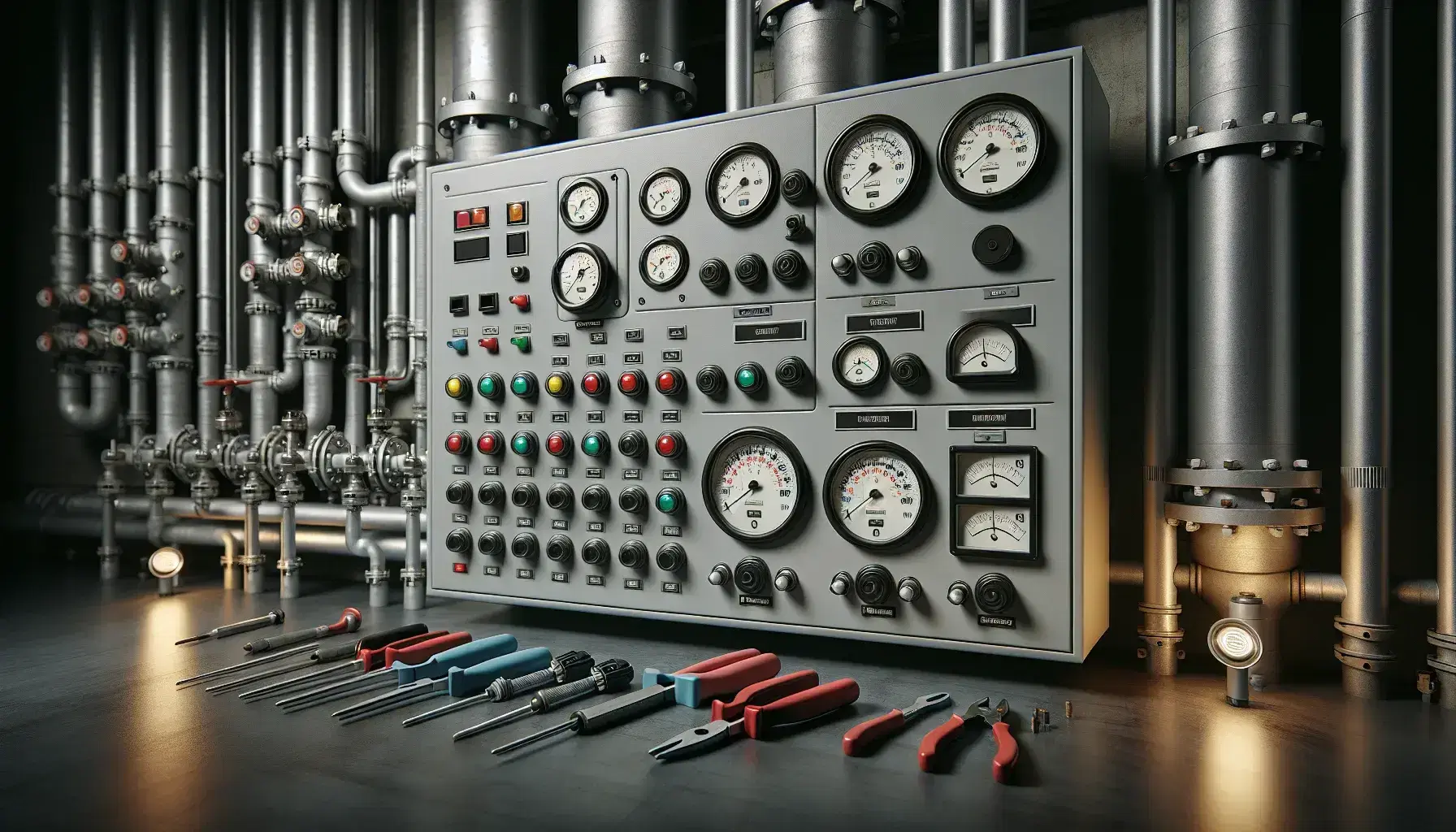 Paneles de control industriales con botones y luces indicadoras, manómetros y tuberías metálicas con válvulas manuales, en un entorno de trabajo con herramientas.