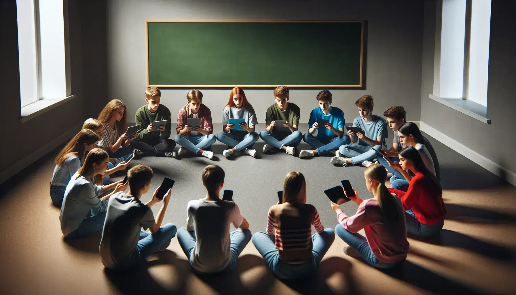 Grupo de adolescentes concentrados usando dispositivos electrónicos en un aula iluminada con pizarra verde al fondo.
