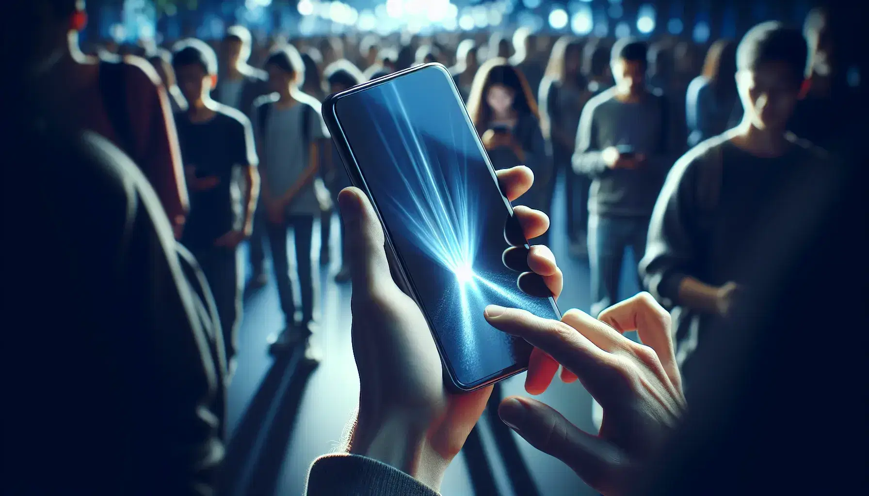 Mano sujetando smartphone con pantalla encendida en ambiente con personas desenfocadas en el fondo.