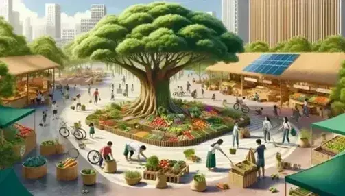 Parco cittadino vivace con grande albero, persone che piantano, raccolgono rifiuti, banchetto di prodotti locali, panchine riciclate e pannelli solari.