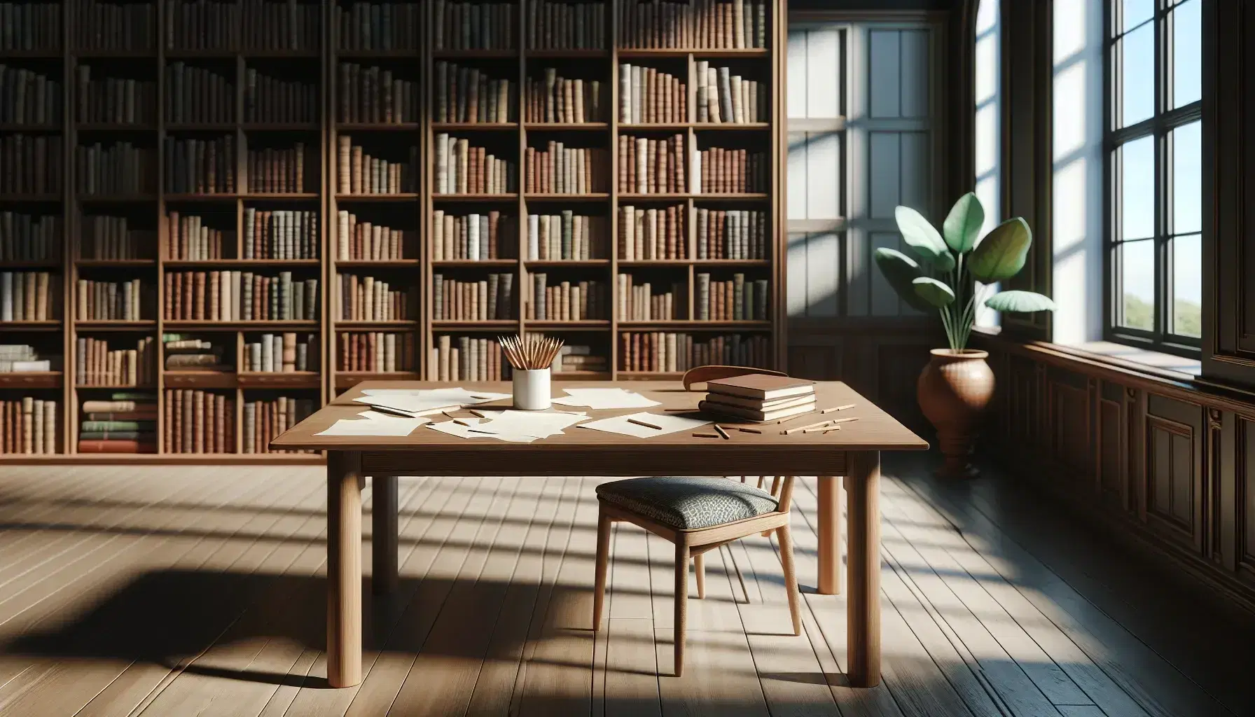 Biblioteca iluminada con estantes de madera oscura llenos de libros, mesa con papeles y lápices, silla con cojín azul y planta verde.