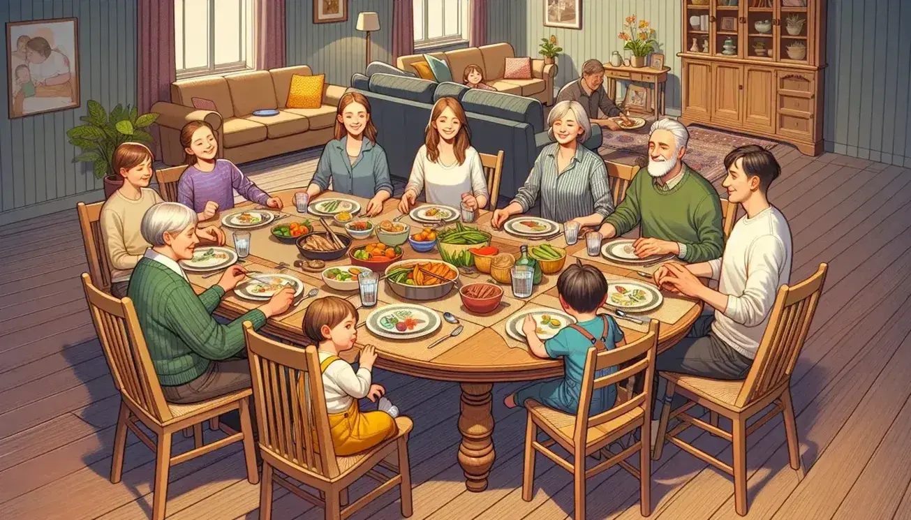 Multigenerational family gathering around dining table with colorful plates, woman with baby, laughing elderly man and girl playing with blocks.