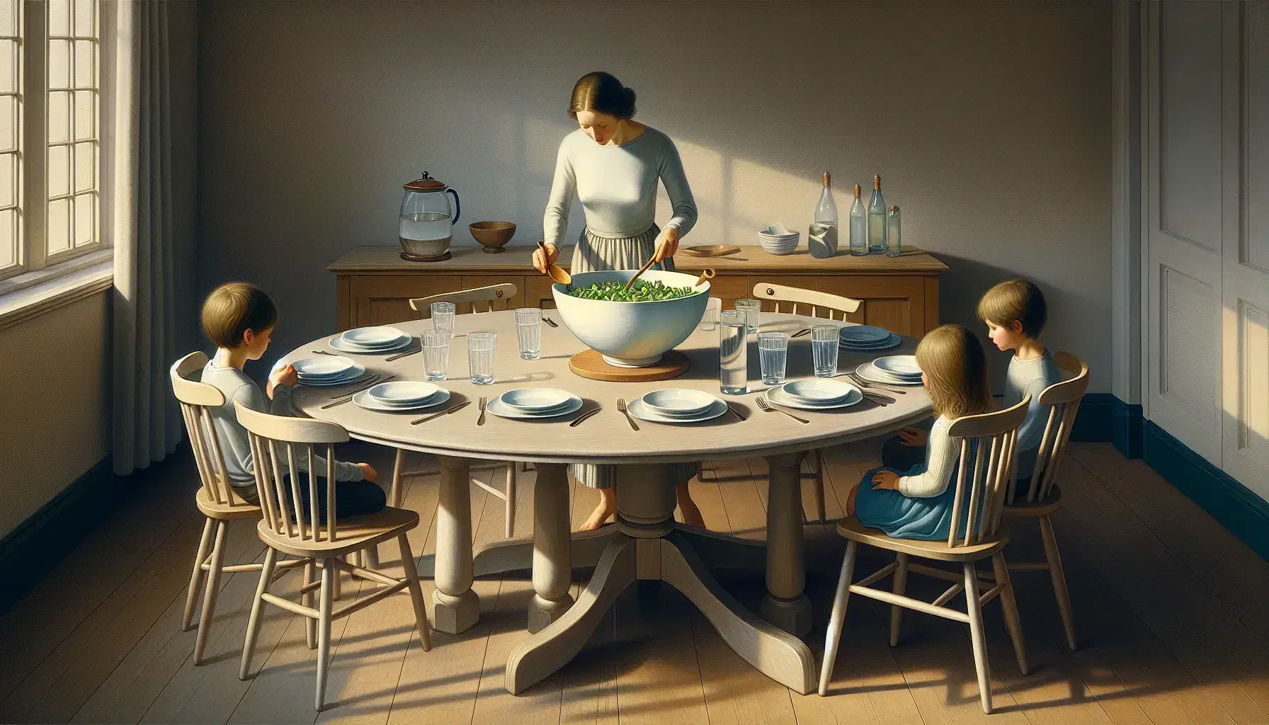 Family during the meal in the kitchen with round table, green salad, white plates, glasses of water, adults and children interact peacefully.