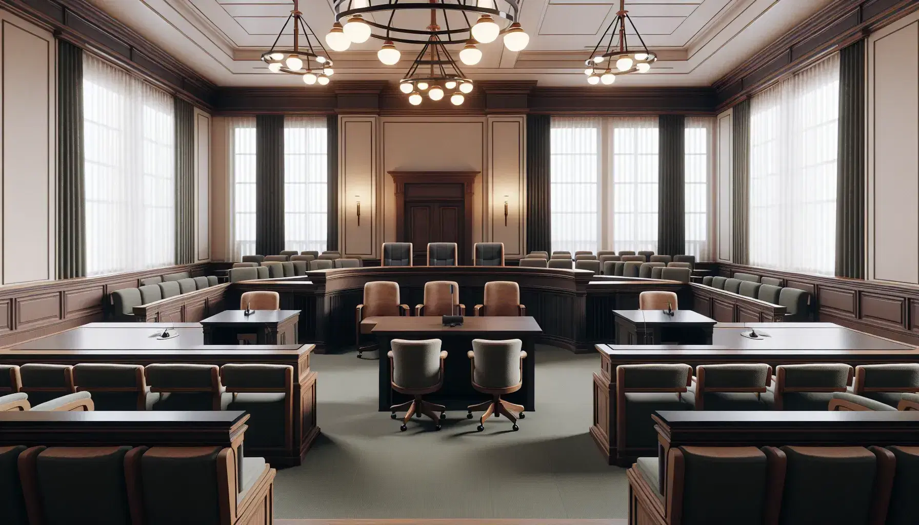 Sala de tribunal vacía con bancos de madera, estrado con mesa y sillas para jueces, podio central, mesas laterales y cortinas opacas en ventanas.