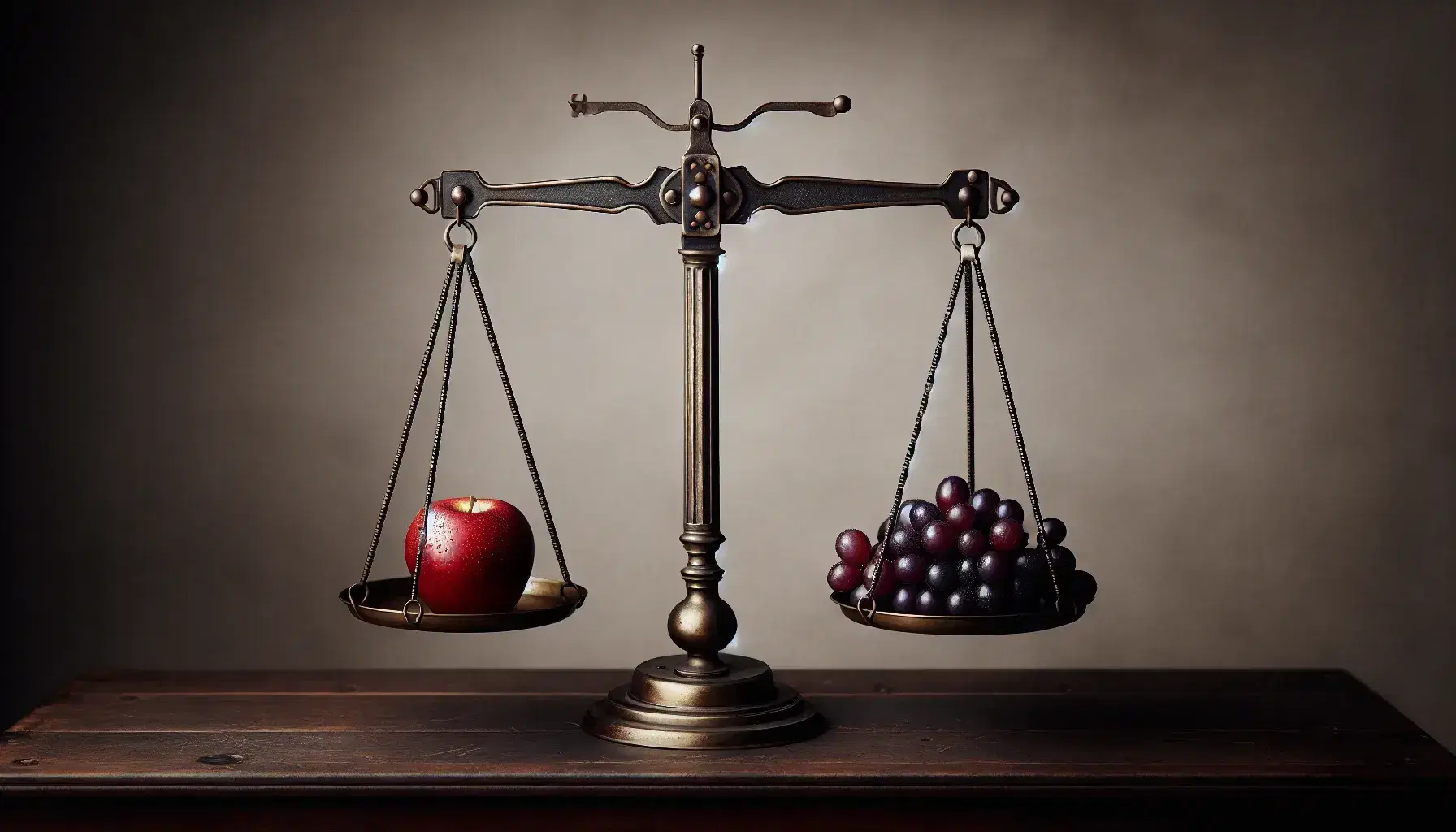 Balanza de dos platos en equilibrio con una manzana roja en el lado izquierdo y un racimo de uvas moradas en el derecho, sobre mesa de madera oscura.