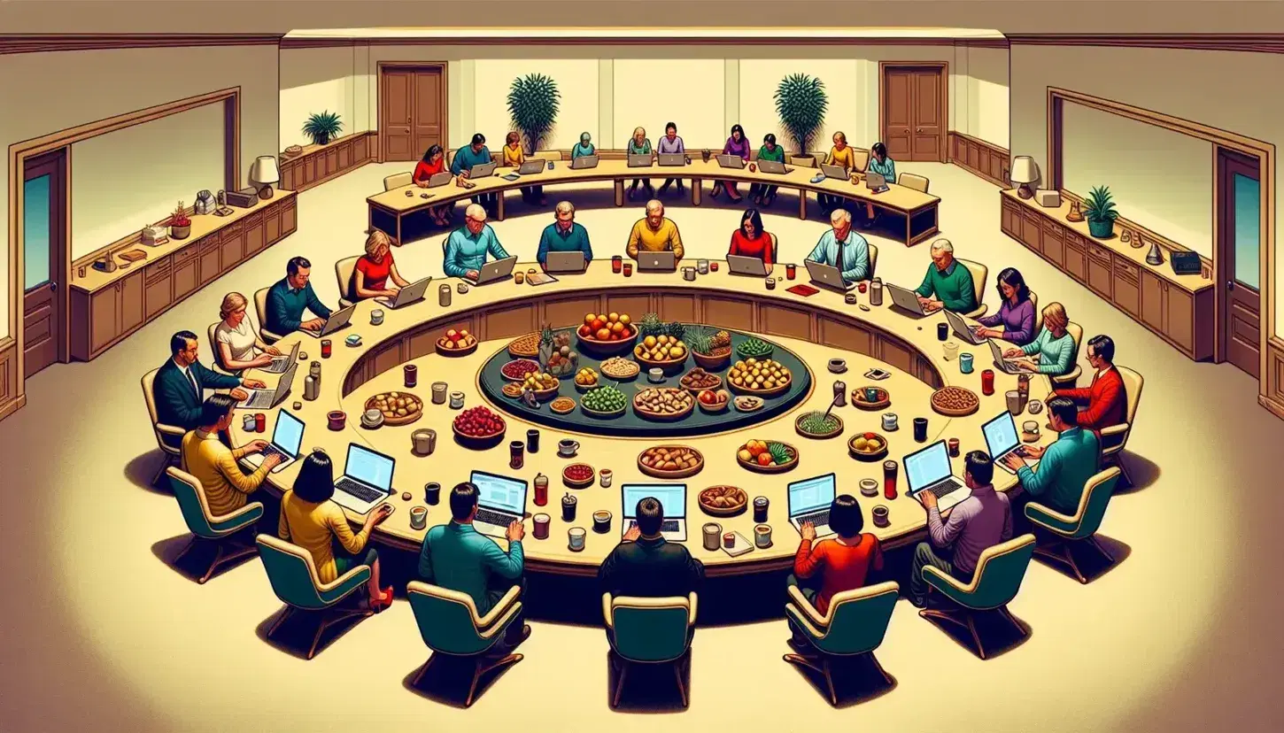 Group of people of various ages and genders work around an oval table with laptops, coffee cups, water bottles and bowls of fruit.