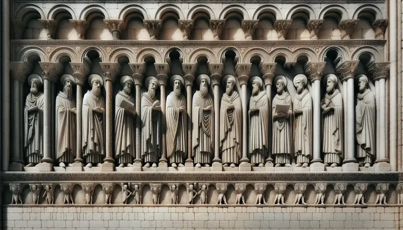 Facciata del Duomo di Modena con bassorilievo di Wiligelmo, figure umanoidi in abiti medievali e colonne romaniche sotto luce naturale.