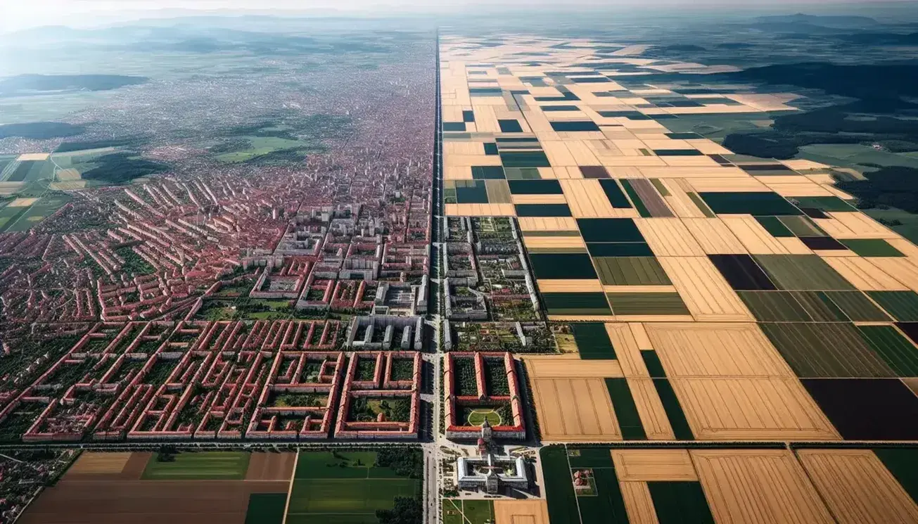 Vista aerea che contrappone zona urbana densa di edifici e strade a campi coltivati in un paesaggio diviso nettamente.