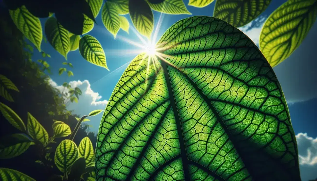 Hoja verde vibrante con textura detallada iluminada por rayos de sol, contra un cielo azul con nubes dispersas y fondo desenfocado de vegetación.