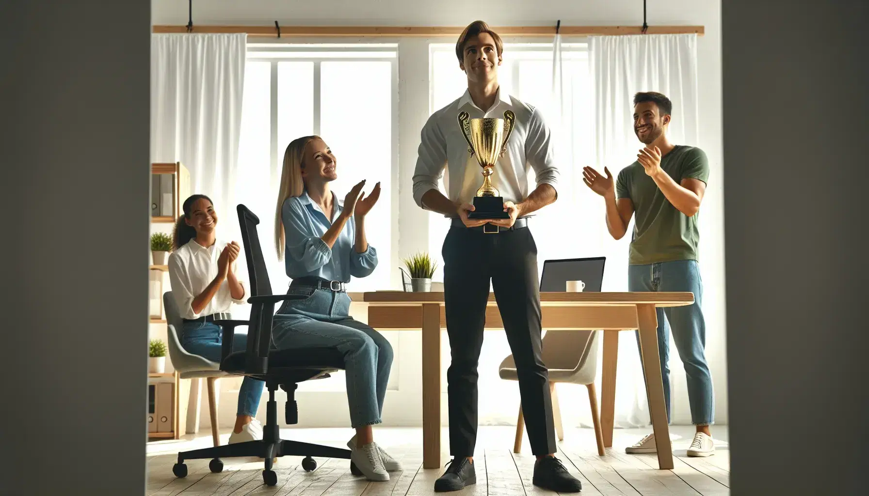 Tres compañeros de trabajo celebran un logro en la oficina, uno de ellos sostiene un trofeo dorado mientras los otros aplauden.