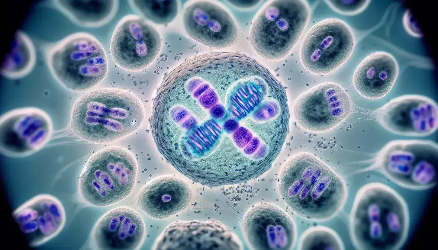 Células en diferentes etapas de mitosis bajo microscopio óptico, destacando una en metafase con cromosomas alineados y otras en profase y anafase.