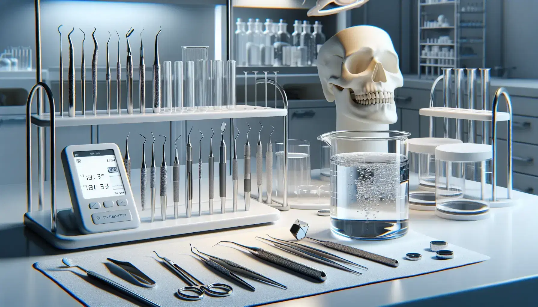 Laboratorio dental con instrumentos de acero inoxidable, medidor de pH digital y modelo de mandíbula humana, rodeado de frascos con líquidos de colores.