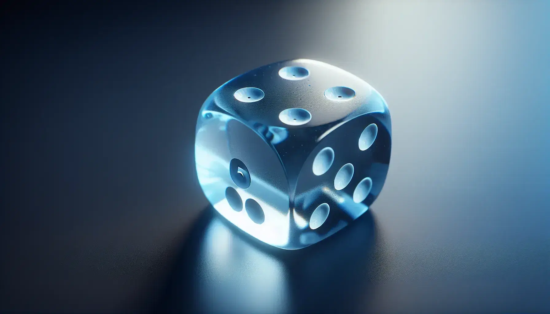 Translucent dice with blue shades on dark surface, highlighting the side with five white dots, light reflections and subtle shadow.