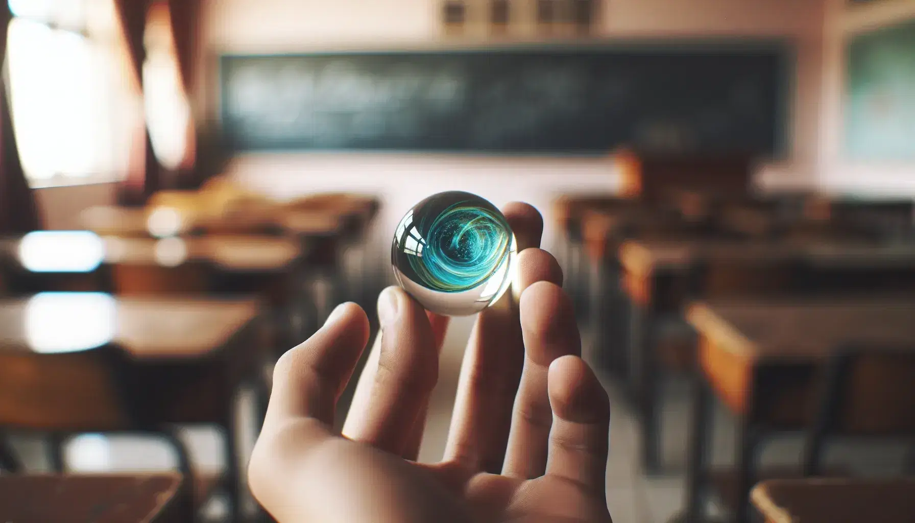 Hand holding a glass marble with blue and green swirls, resembling a planet, in a softly lit classroom with wooden desks and a chalkboard.