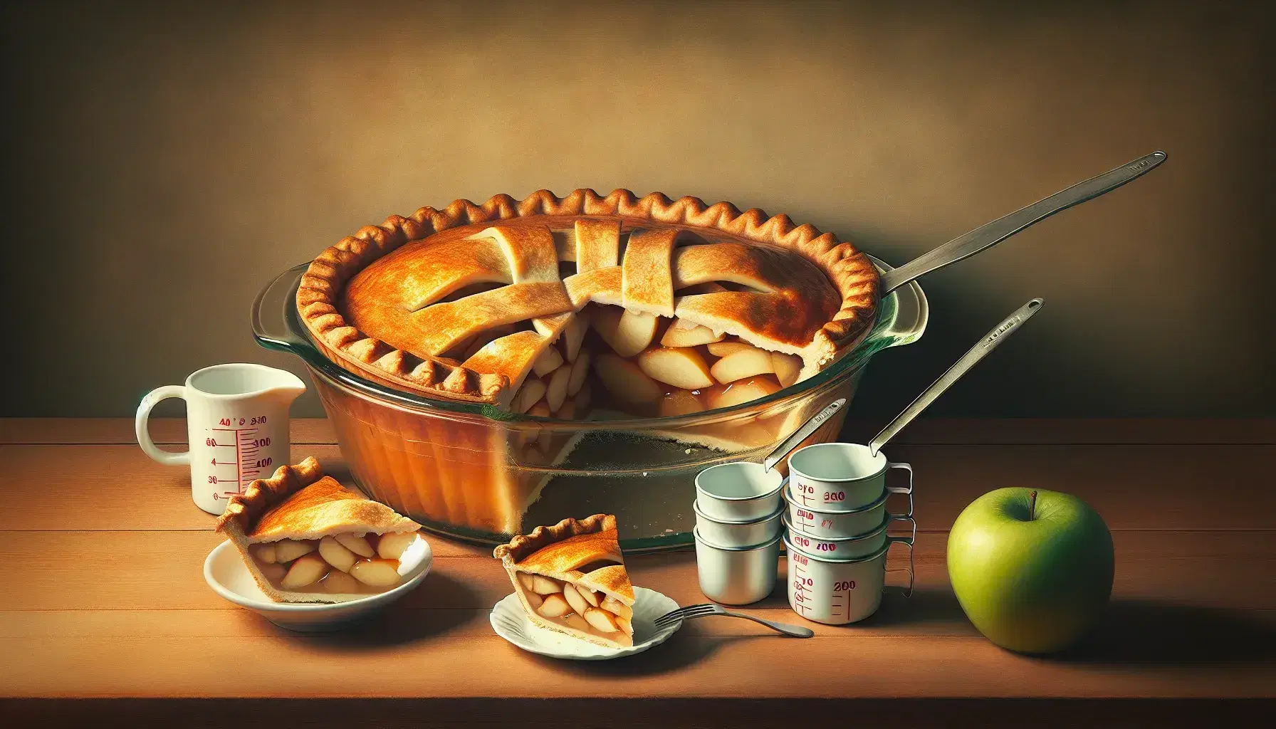 Freshly baked apple pie with a slice on a white plate, stainless steel measuring cups, a halved green apple, a glass of milk, and a fork on a wooden table.